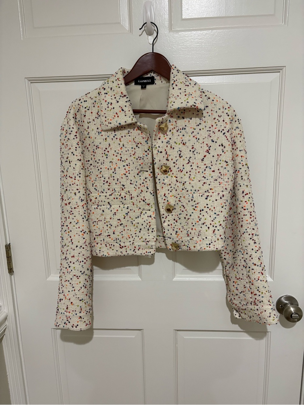 Express Cream Tweed Cropped Jacket with Multicolor Speckle